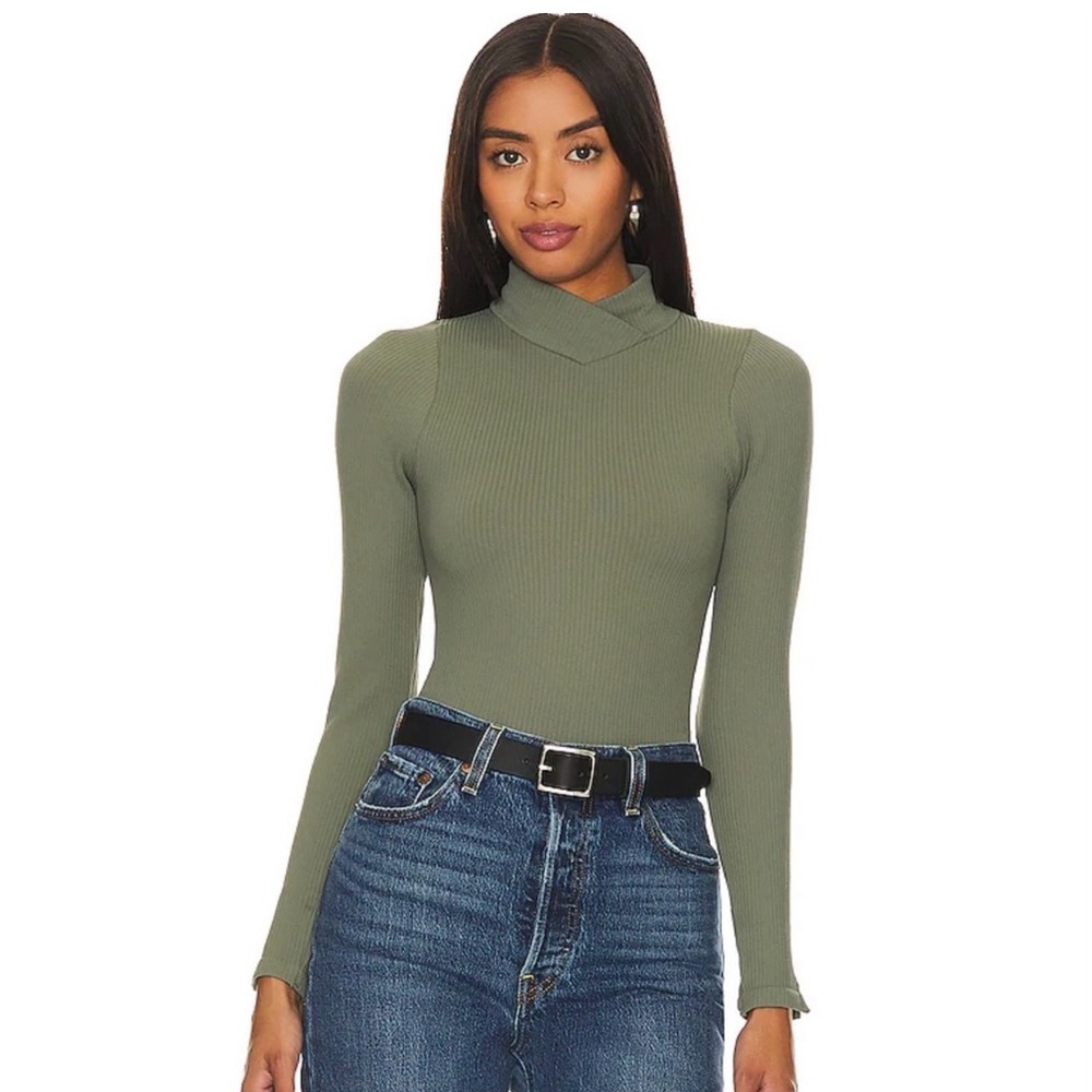 Intimately Free People FP Ribbed‎ Mock Neck Long Sleeve Thong Bodysuit Green XL